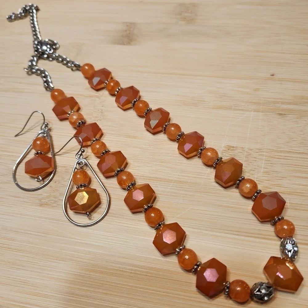 Hand Crafted Necklace and Pierced Orange Beaded Earrings Silver Accents